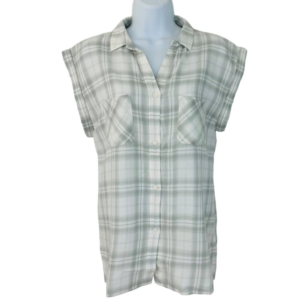 UNTUCKit Women's Size 4 Villefranche Plaid Cap Sleeve Gray White Shirt N…